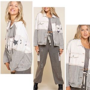 POL Gray Oversized Star Denim Jacket Size Large